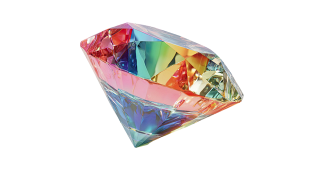 Rainbow pattern diamond with colorful geometric shapes, prism reflection, and vibrant gemstone texture isolated on white background