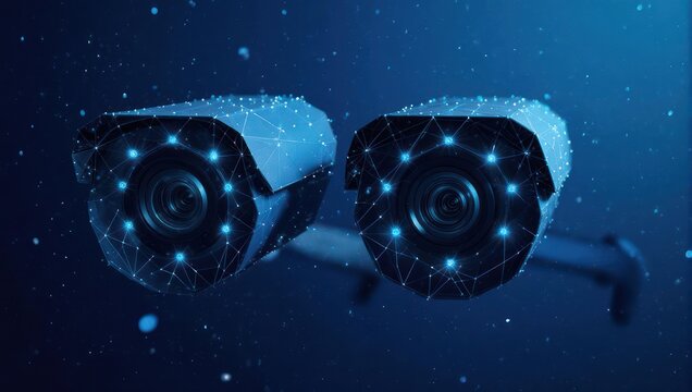 Digital rendering of two surveillance cameras with blue glowing wireframe connectivity in a dark ambiance