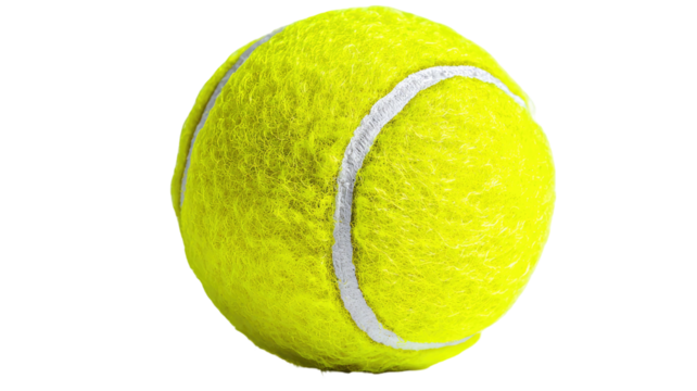 Bright yellow tennis ball with textured surface used for sport game, training, and athletic activity isolated on white background
