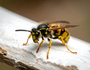 Close-up wasp on white wood