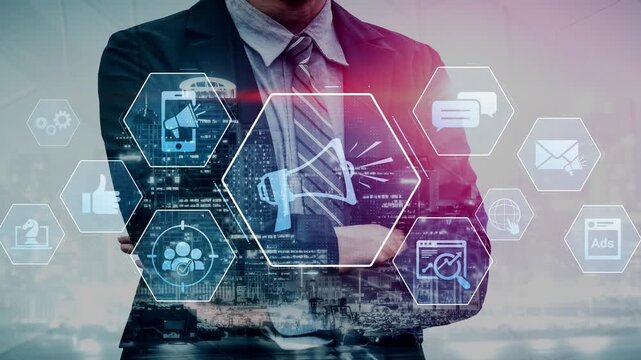 Digital marketing promotion strategy using megaphone, social media marketing, digital ads video content, communication, analytics, and global branding advertisement for business outreach Marrow