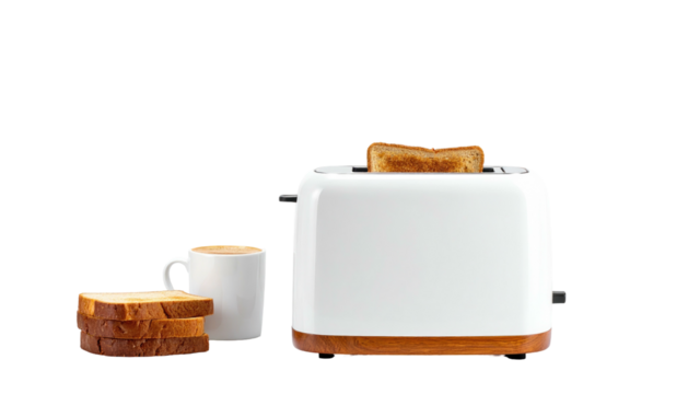 Toaster with toast, coffee, and extra bread slices; breakfast setup on a plain backdrop