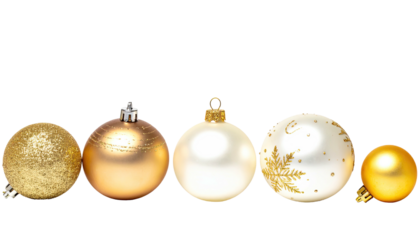 Five Christmas ornaments in gold and white sit in a row against a black background