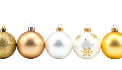 Five festive ornaments in a row, golden, silver, and white, against a stark black backdrop