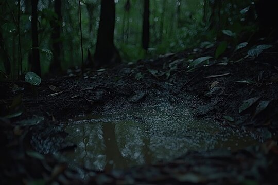 Rain-filled puddle in a dark, lush forest - Powered by Adobe