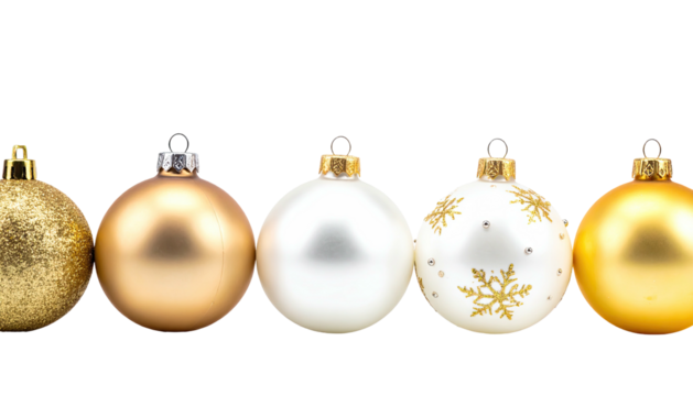 Five festive ornaments in a row, golden, silver, and white, against a stark black backdrop