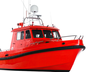 Bright red vessel, a cabin cruiser, equipped with radar and navigation systems