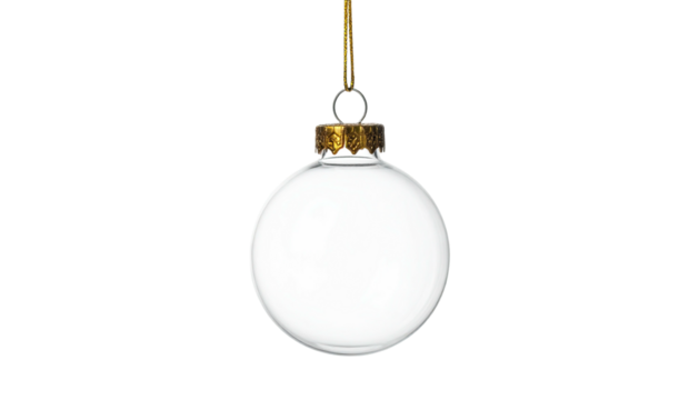 A translucent, spherical ornament hanging by a gold cap and thin ribbon against black