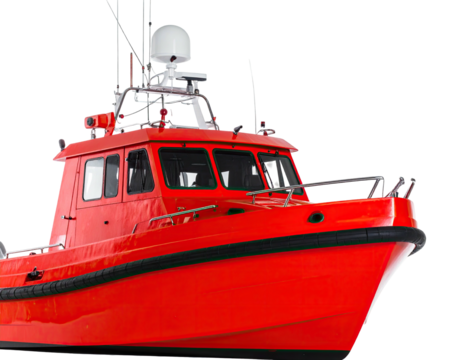 Bright red vessel, a cabin cruiser, equipped with radar and navigation systems