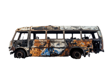 Burned-out, rusty passenger vehicle, windows missing, isolated on a black background