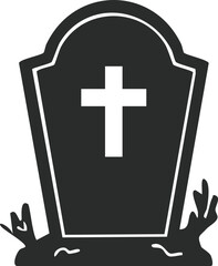 Obraz premium Halloween Tombstone with Cross and Grave Silhouette — Spooky Cemetery Vector Illustration for Halloween Poster, Decoration, and Horror Design Concept