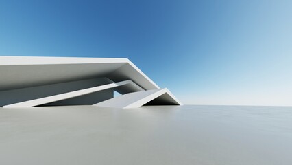 3d illustration of abstract modern architecture background, Minimal geometry architectural design, Car presentation backdrop with empty concrete floor, Geometric white blocks building design