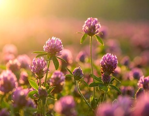 Delicate clover blossoms bathed in golden sunlight
