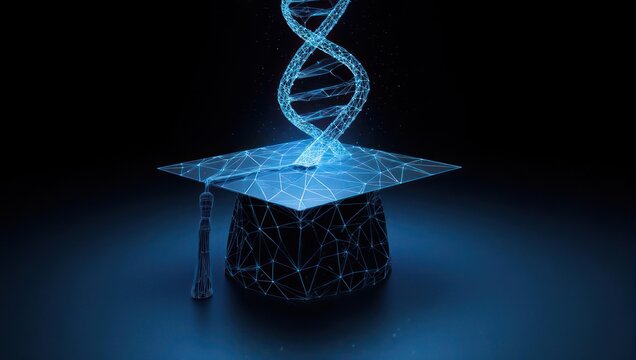Digital rendering of a graduation cap with a DNA helix rising from it, on a dark surface
