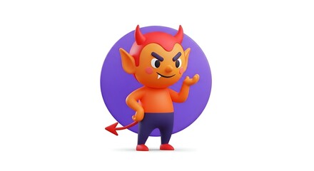Fototapeta premium Playful 3D devil character with horns and tail, perfect for Halloween promotions or quirky branding with a mischievous vibe and cartoonish charm