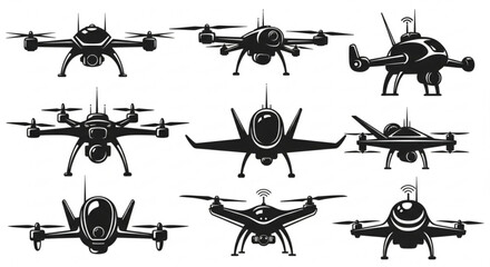 Drone vector set of different designs for aerial photography and surveillance black and white illustration