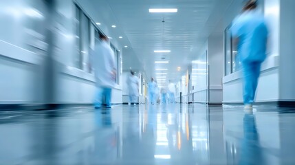 Blurry view of a modern hospital corridor bustling with medical staff in blue scrubs.