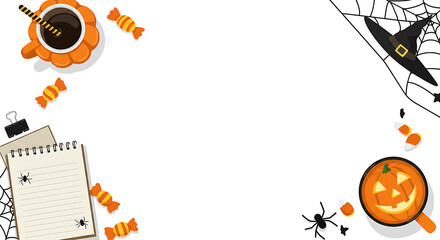 Obraz premium Spooky Halloween Flat Lay Desk Illustration with Pumpkin Coffee, Witch Hat, Spiders, Candies, and Notepad on White Background – Autumn Celebration Theme