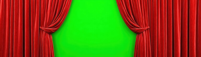 A pair of luxurious red curtains frames a vibrant green backdrop, creating a theatrical and dramatic ambiance.