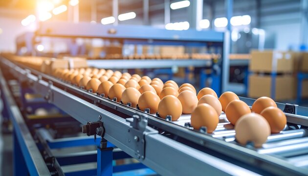 Fresh Eggs Conveyor Belt Industrial Food Production in a Modern Poultry Farm.