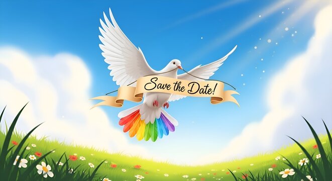 Announce your special day with this charming dove and banner reading Save the Date, set against a vibrant meadow and sunny sky wedding invitation design