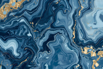 An abstract fluid art background with swirling marble patterns in blue and gold tones, elegant and luxurious aesthetic