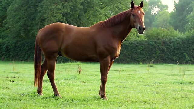 Chestnut Horse Standing Peacefully in Lush Green Meadow with Trees Background