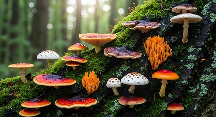 Vibrant Fungi Display on Mossy Tree Trunk in Forest.