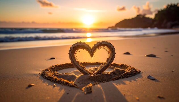 Heart shape drawn in sand, beach sunset