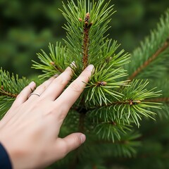 Touching a Pine Tree Branch - Nature Connection and Sensory Experience.