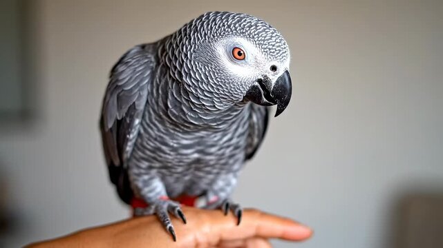 Close-up of an African Grey Parrot Perched on a Hand.