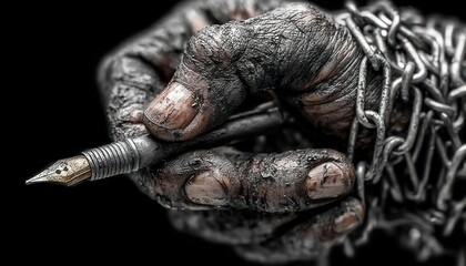 A hand holding a pen tightly wrapped in chains, symbolizing censorship and press freedom awareness