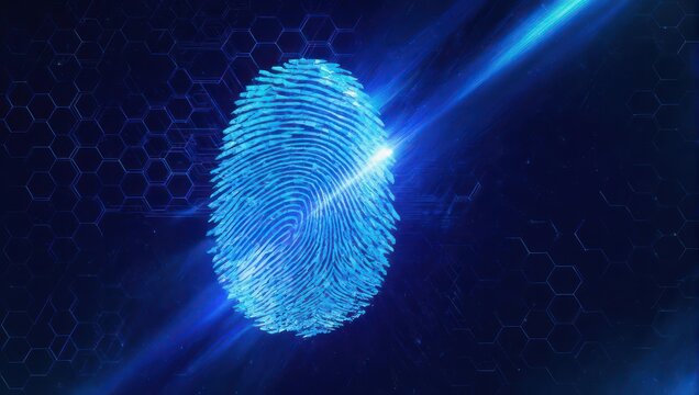 Digital representation of a luminous fingerprint set against a honeycomb-textured backdrop