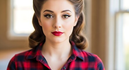 Portrait of a Confident Woman with Vintage Hair and Red Lipstick.