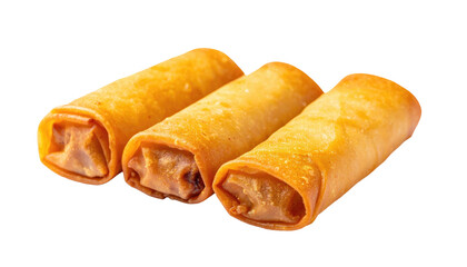 Three golden, crispy, cylindrical appetizers with a rich, savory filling