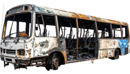 A gutted bus, charred and burned, revealing empty seats and the vehicle's skeletal frame
