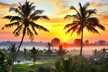 Obraz premium Sunrise over misty rice terraces with palm trees