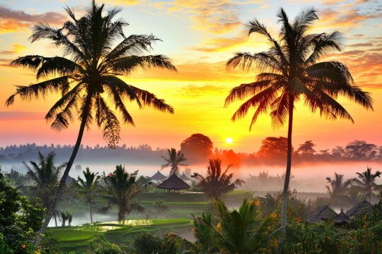 Sunrise over misty rice terraces with palm trees