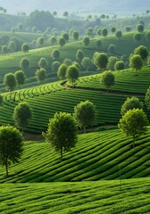 Lush Green Tea Plantation with Trees in Long Coc, Vietnam.