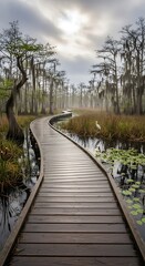 Boardwalk Through the Swamp - A Serene Journey into Natures Embrace.