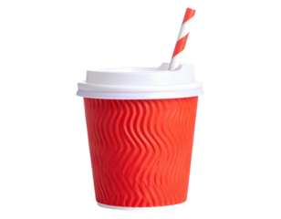 Red textured beverage cup with a white lid and striped straw