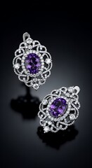 Elegant Amethyst and Diamond Earrings on Black Background.