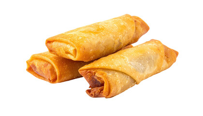 Golden fried pastries stacked; crispy, flaky wrappers showcase a tempting, textured exterior