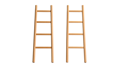 Two identical wooden ladders, side by side, against a stark black background