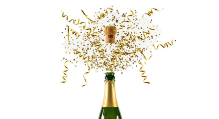 Green glass prosecco bottle with gold foil, natural cork mid-air, metallic gold star confetti and spiraled streamers exploding on a white background, pure celebration concept