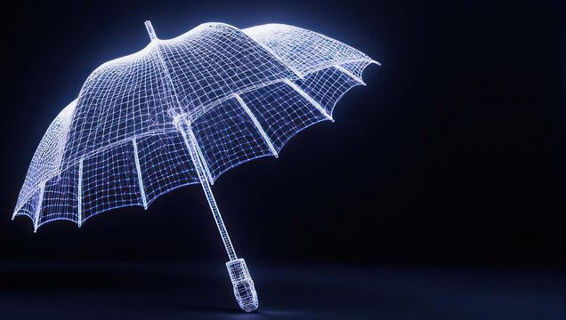 Digital rendering of a wireframe umbrella against a dark background, angled upwards