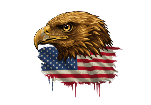 Majestic golden eagle head, piercing gaze, metallic detailed feathers, above a distressed American flag with paint drips, on a transparent background with copy space. Concept of American patriotism