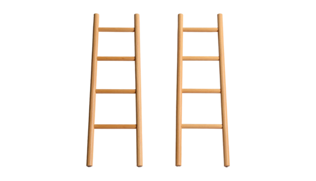 Two identical wooden ladders, side by side, against a stark black background