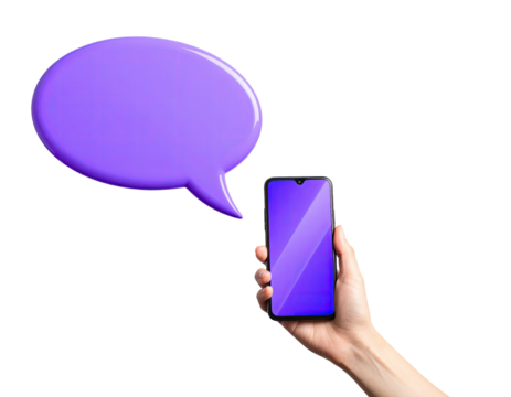 Hand holding phone with blank screen, next to a purple speech bubble on black