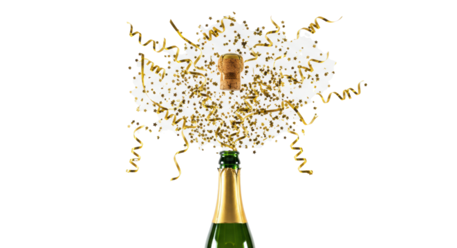 Green glass prosecco bottle with gold foil, natural cork mid-air, metallic gold star confetti and spiraled streamers exploding on a white background, pure celebration concept